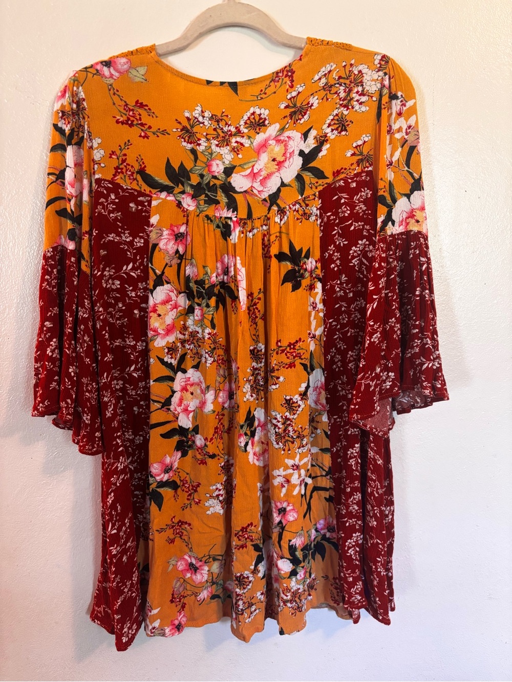 Umgee Mustard and Maroon Floral Crochet V-Neck Tunic - Picture 8 of 10